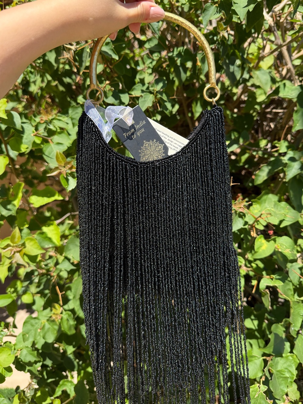 NWT Made in India Black Fringe Gold Metal Handle Beaded Top Handle Bag